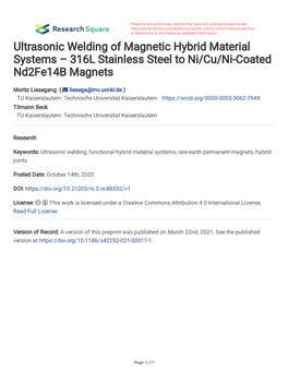Ultrasonic Welding of Magnetic Hybrid Material Systems – 316L Stainless Steel to Ni/Cu/Ni-Coated Nd2fe14b Magnets