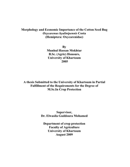 Morphology and Economic Importance of the Cotton Seed Bug Oxycarenus Hyalinipennis Costa (Hemiptera: Oxycarenidae)