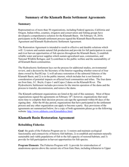 Summary of the Klamath Basin Settlement Agreements
