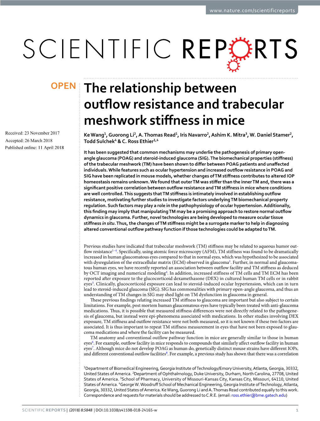 The Relationship Between Outflow Resistance and Trabecular Meshwork Stiffness in Mice