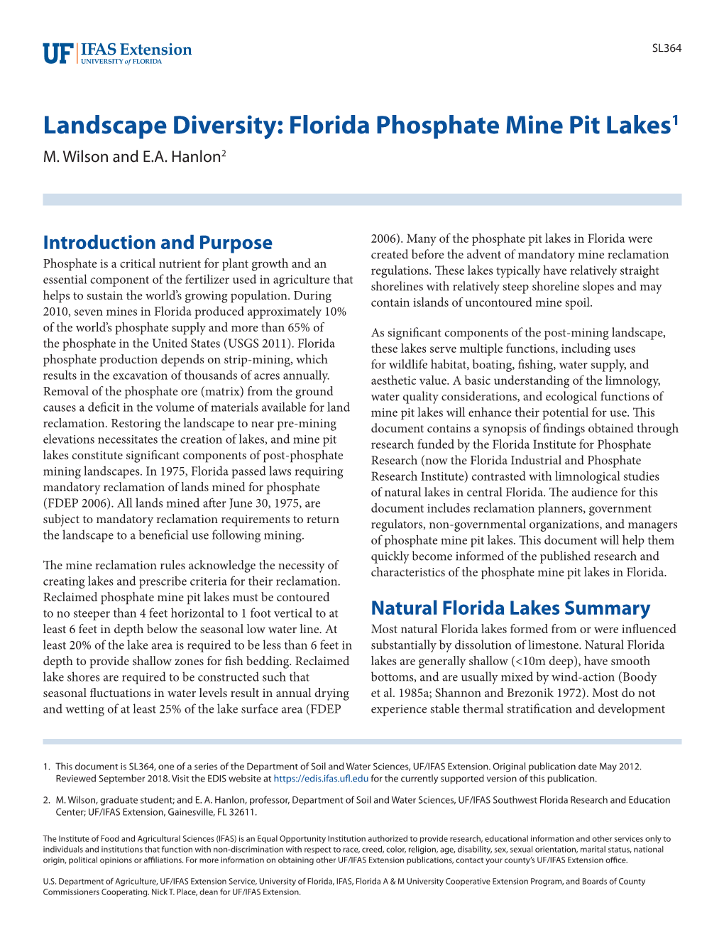 Landscape Diversity: Florida Phosphate Mine Pit Lakes1 M