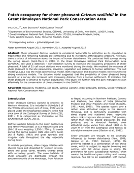 Patch Occupancy Probability for Cheer Pheasant Catreus Wallichii in Great Himalayan National Park Conservation Area
