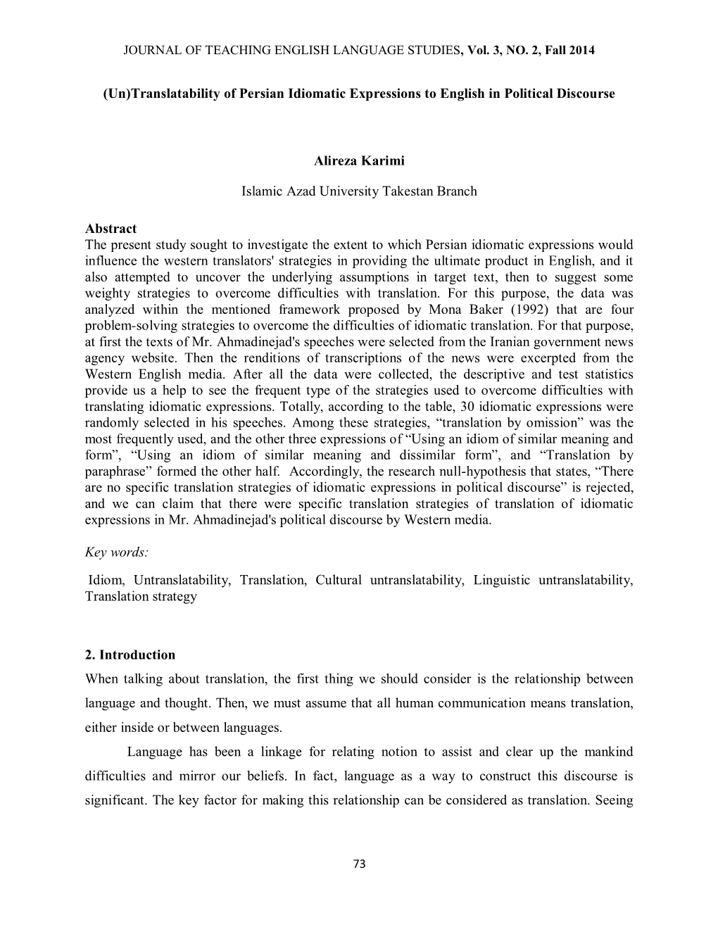 Translatability of Persian Idiomatic Expressions to English in Political Discourse