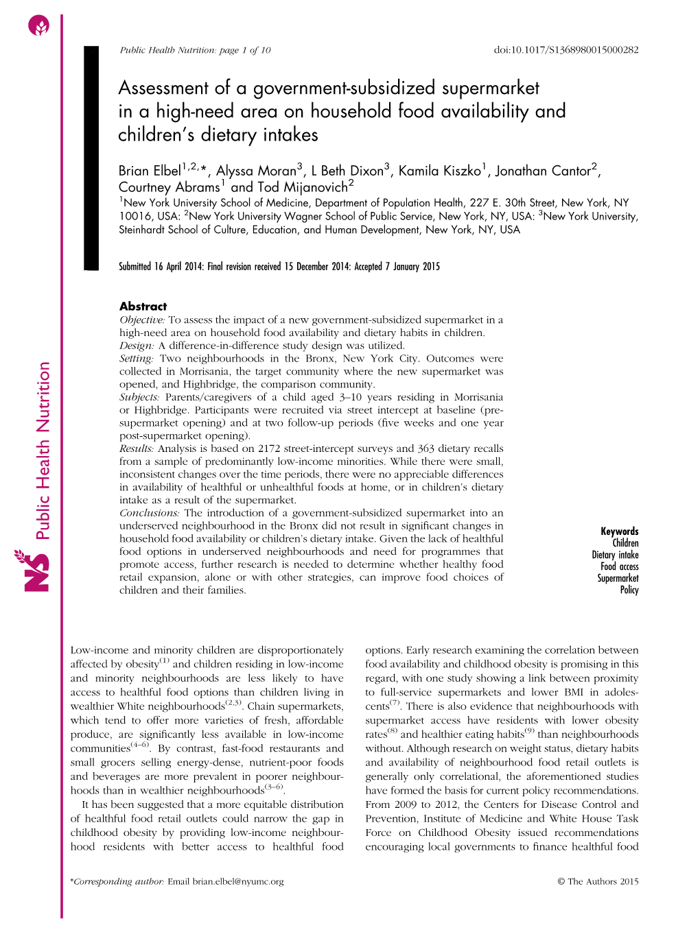 Assessment of a Government-Subsidized Supermarket in a High-Need Area on Household Food Availability and Children's Dietary In