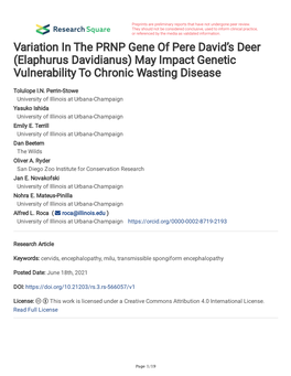 Variation in the PRNP Gene of Pere David's Deer (Elaphurus Davidianus)