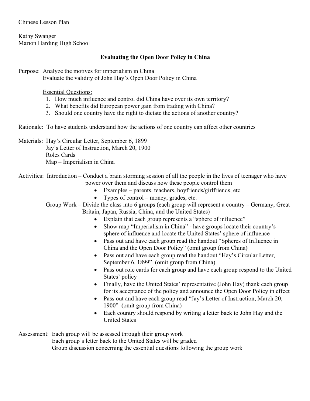 Chinese Lesson Plan Kathy Swanger Marion Harding High School Evaluating the Open Door Policy in China Purpose: Analyze the Moti