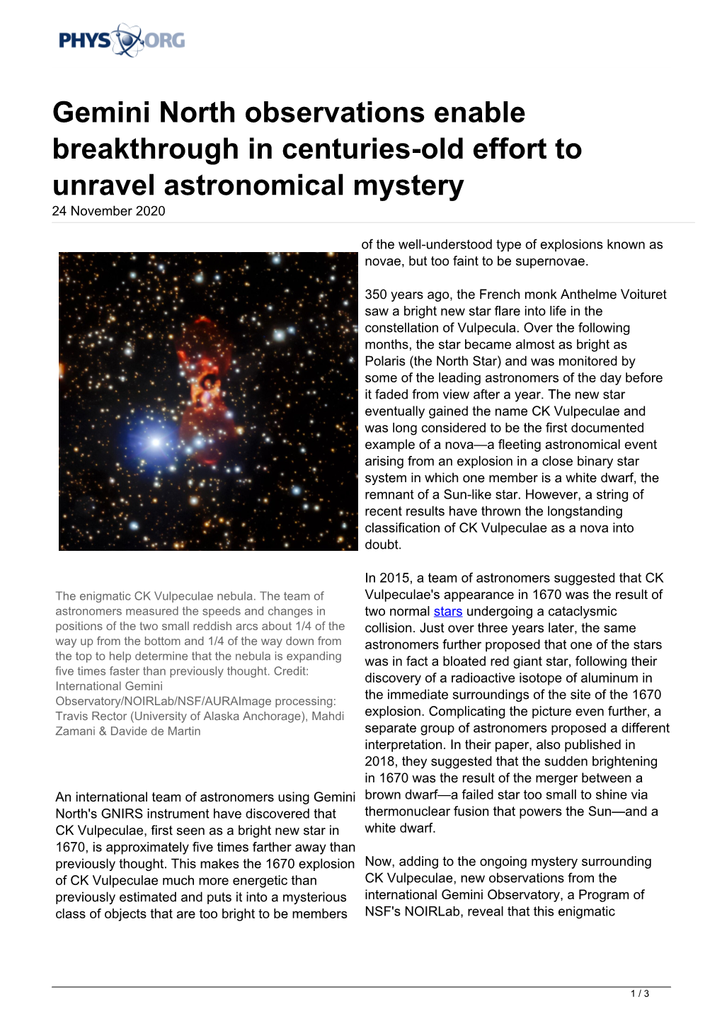 Gemini North Observations Enable Breakthrough in Centuries-Old Effort to Unravel Astronomical Mystery 24 November 2020