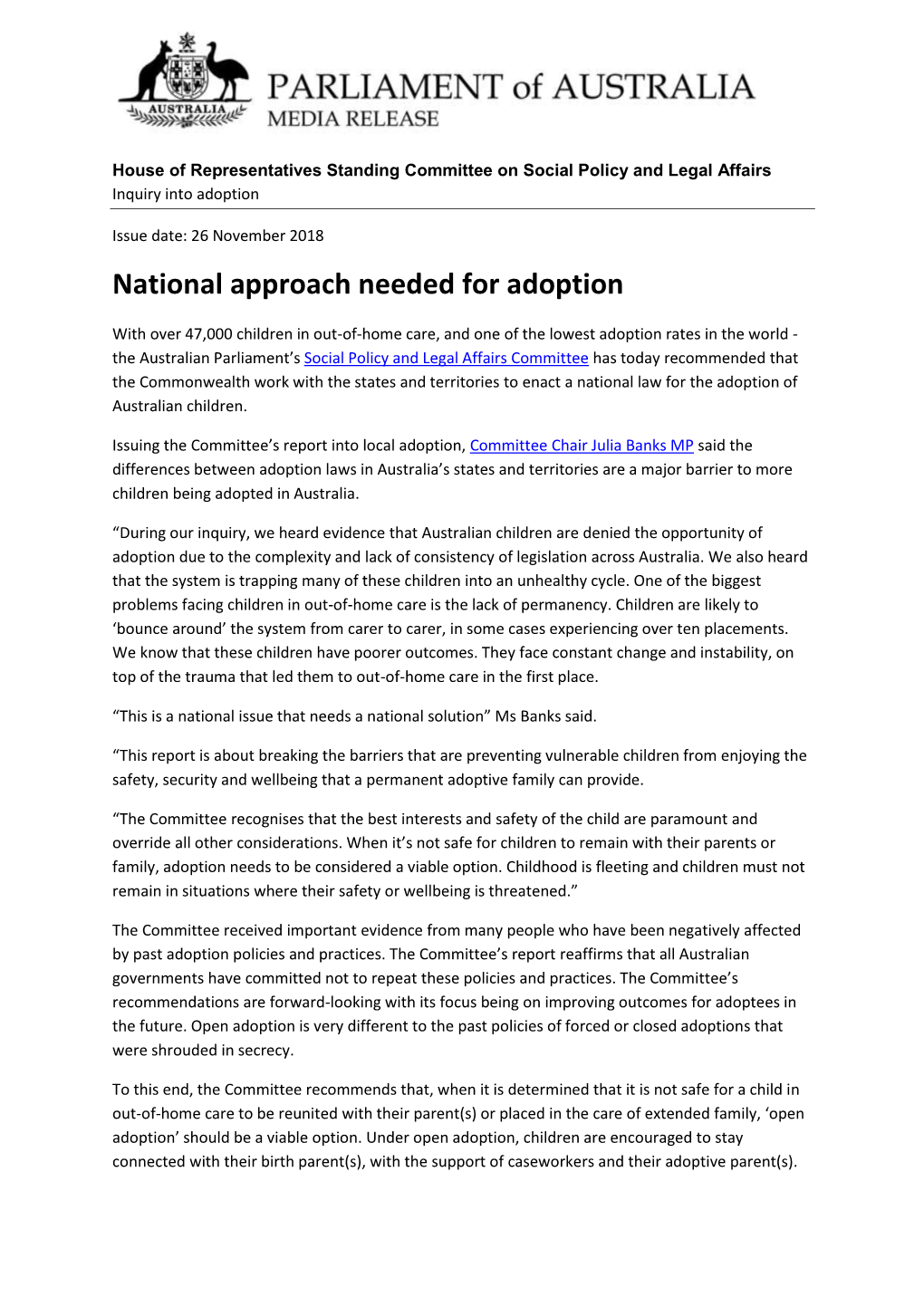 National Approach Needed for Adoption