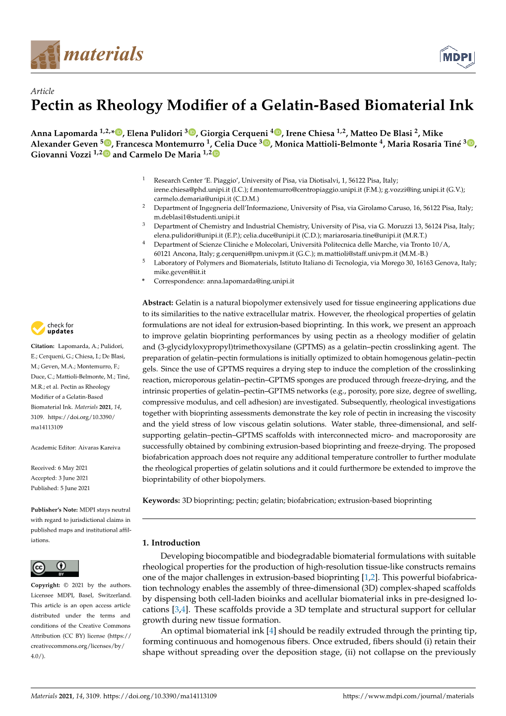 Pectin As Rheology Modifier of a Gelatin-Based Biomaterial