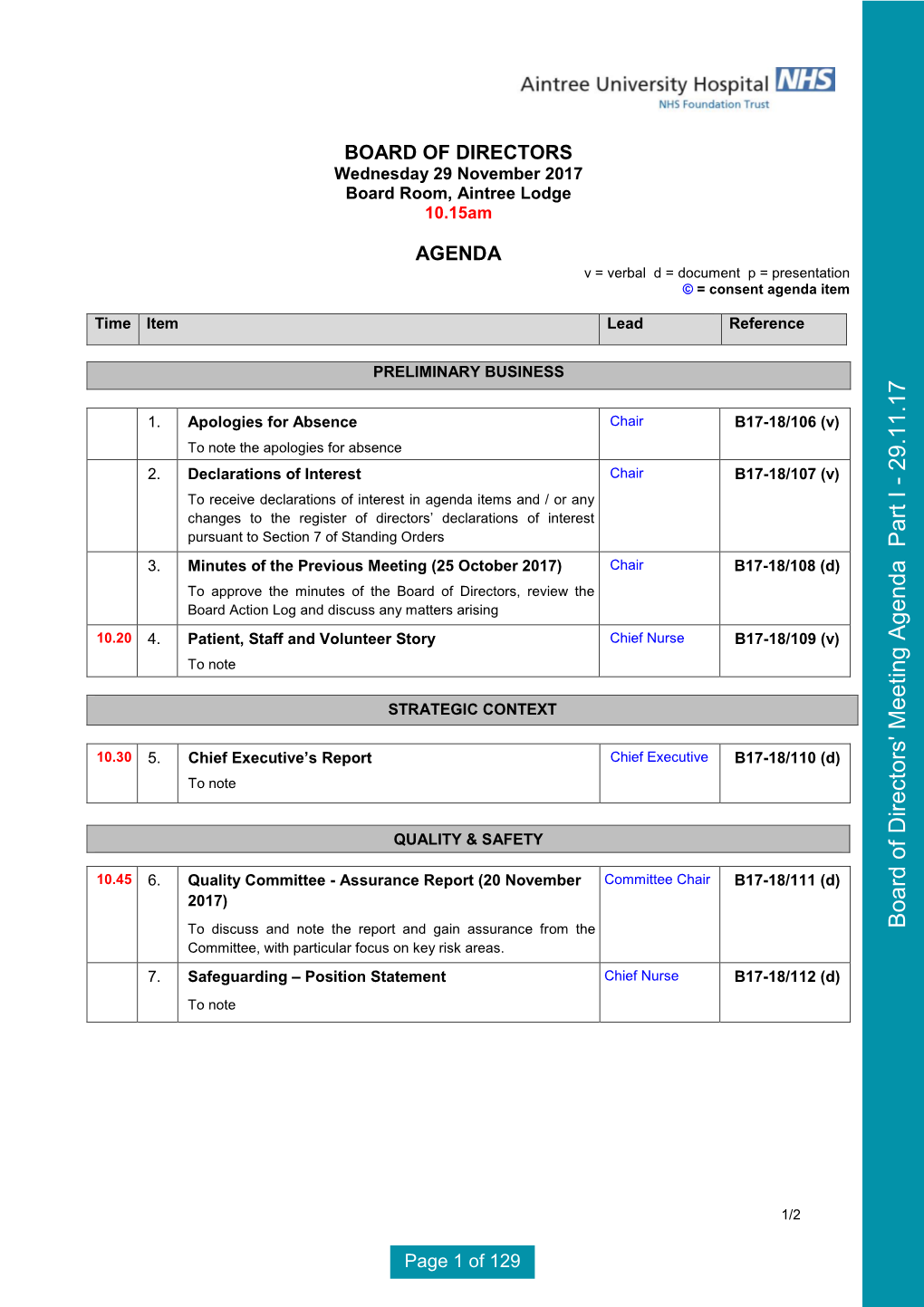 Board of Directors' Meeting Agenda Part I - 29.11.17 Committee, with Particular Focus on Key Risk Areas