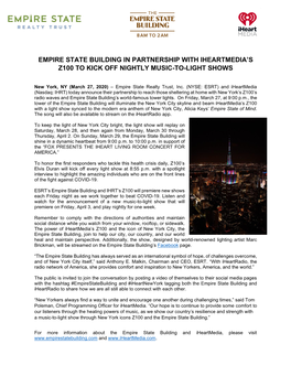 Empire State Building in Partnership with Iheartmedia’S Z100 to Kick Off Nightly Music-To-Light Shows