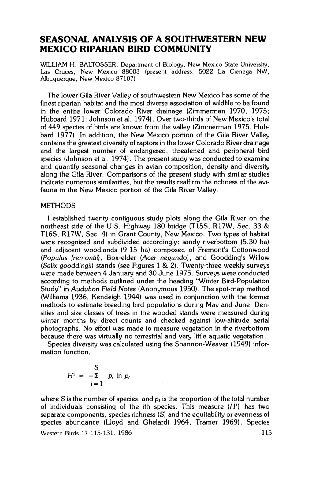 Seasonal Analysis of a Southwestern New Mexico Riparian Bird Community