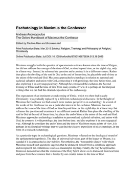 Eschatology in Maximus the Confessor