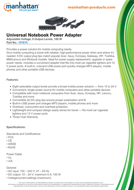 Universal Notebook Power Adapter Adjustable Voltage, 8 Output Levels, 100 W Part No.: 101615