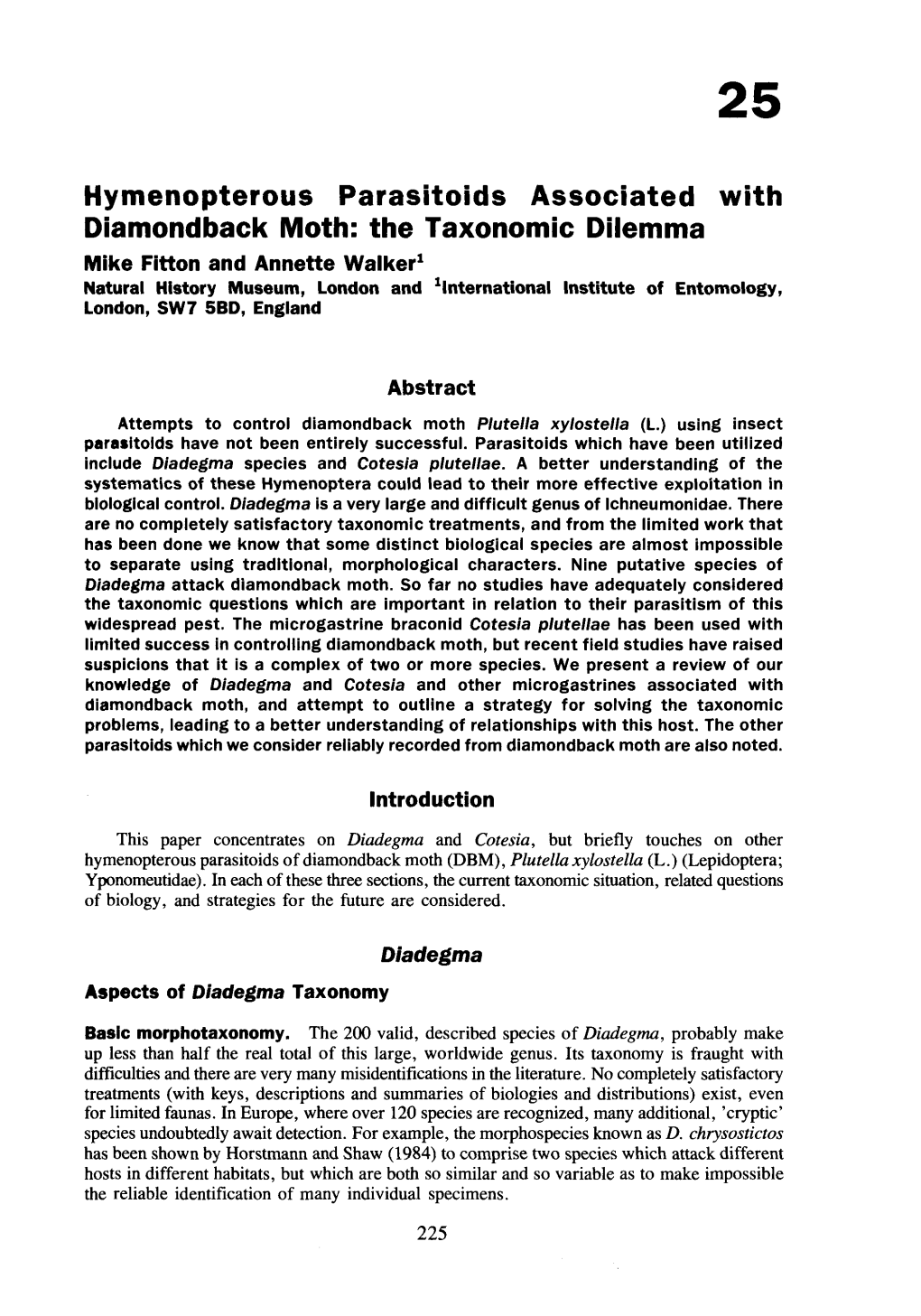 Hymenopterous Parasitoids Associated with Diamondback Moth