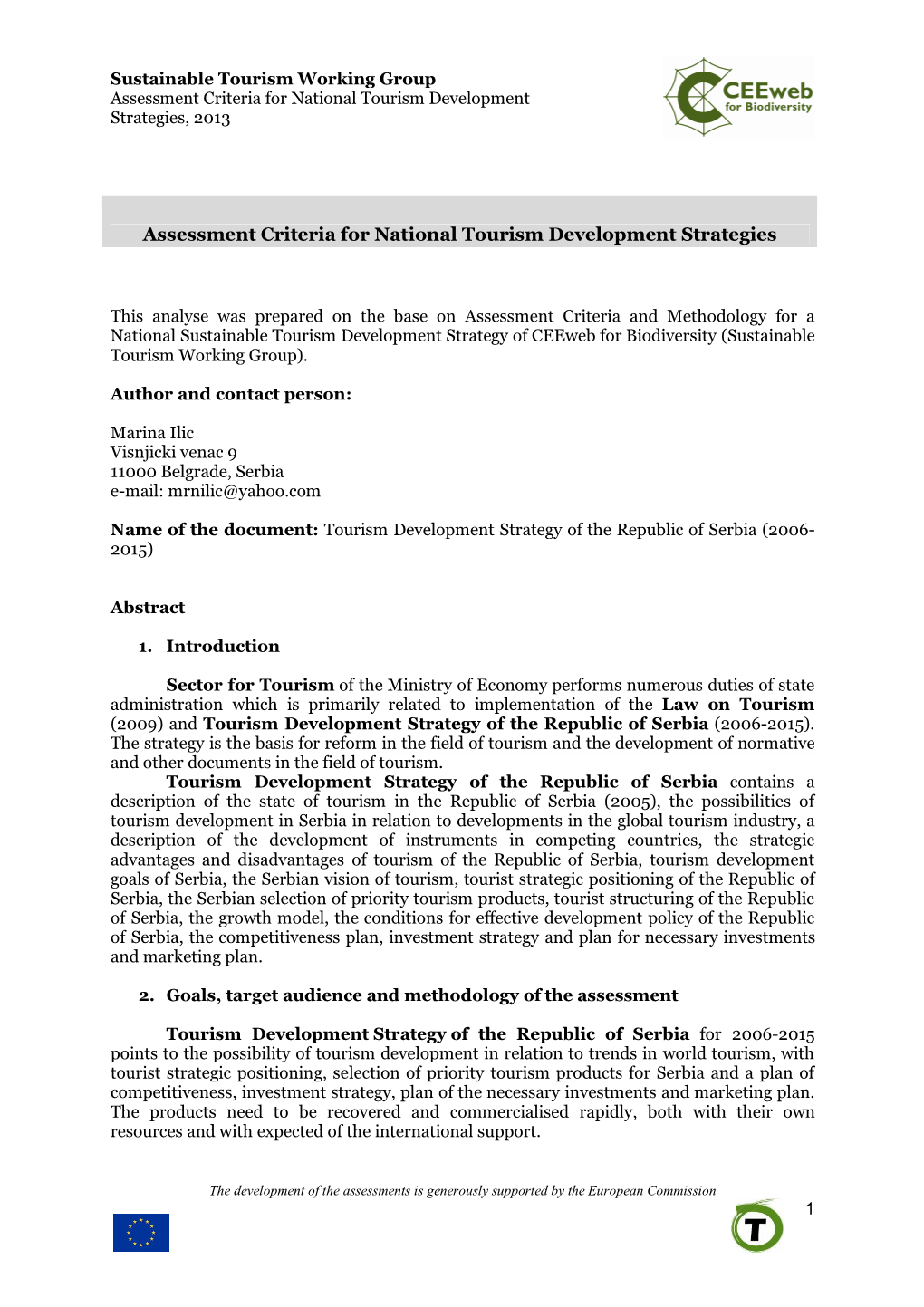 Assessment Criteria for National Tourism Development Strategies, 2013