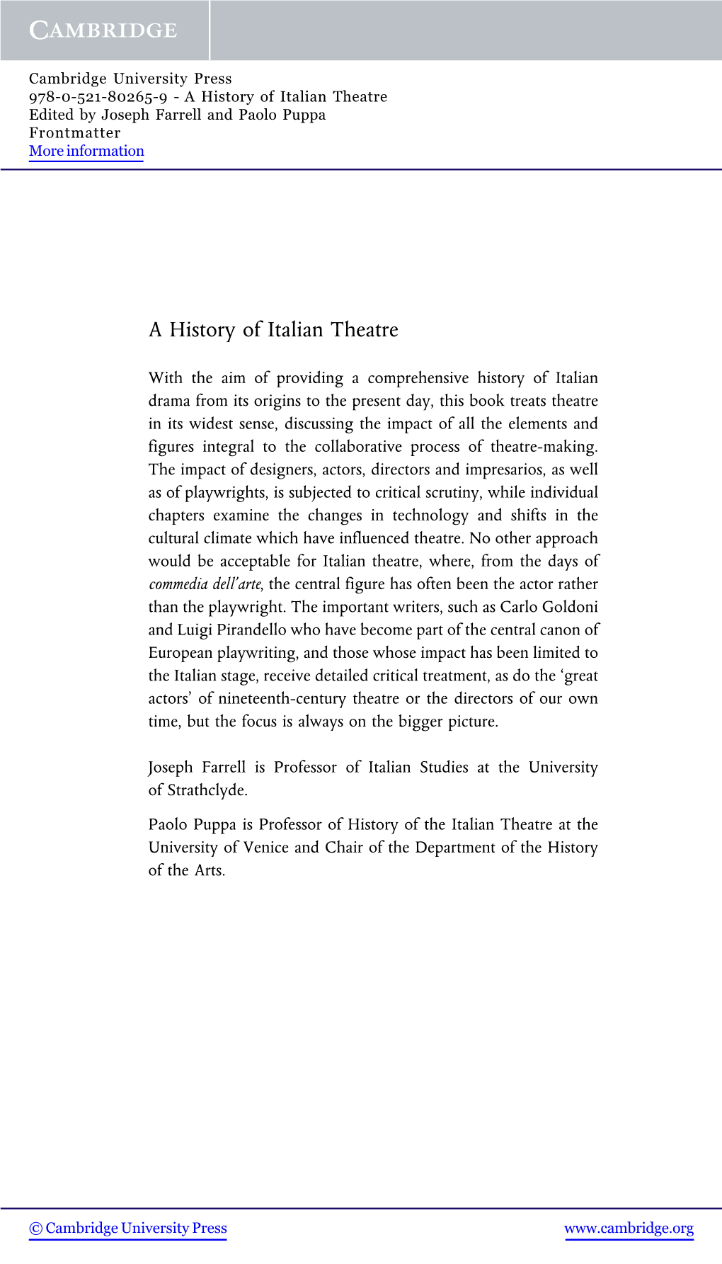 A History of Italian Theatre Edited by Joseph Farrell and Paolo Puppa Frontmatter More Information