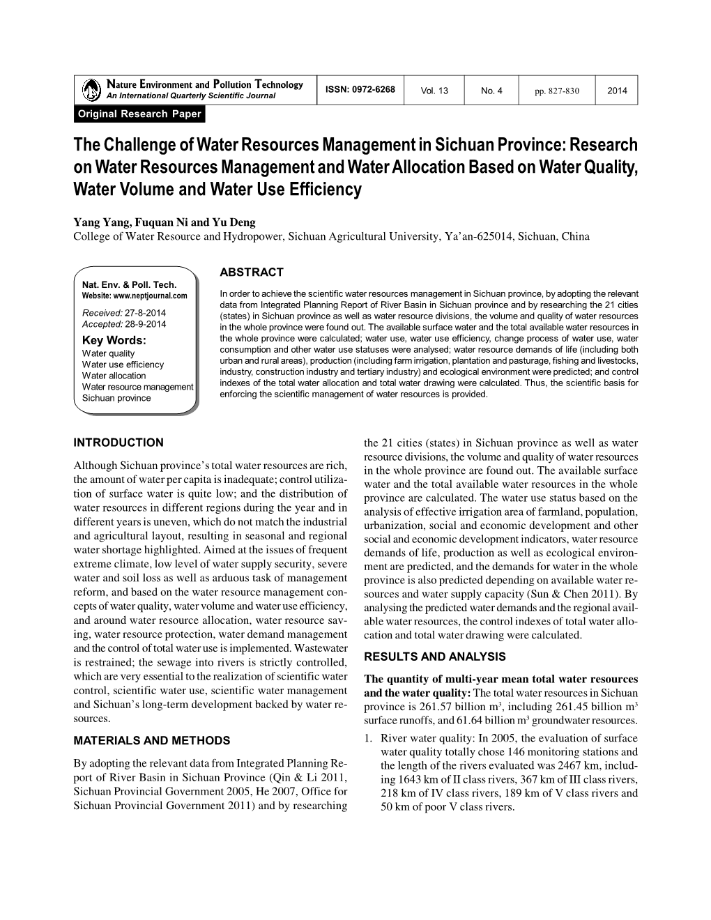 The Challenge of Water Resources Management in Sichuan Province