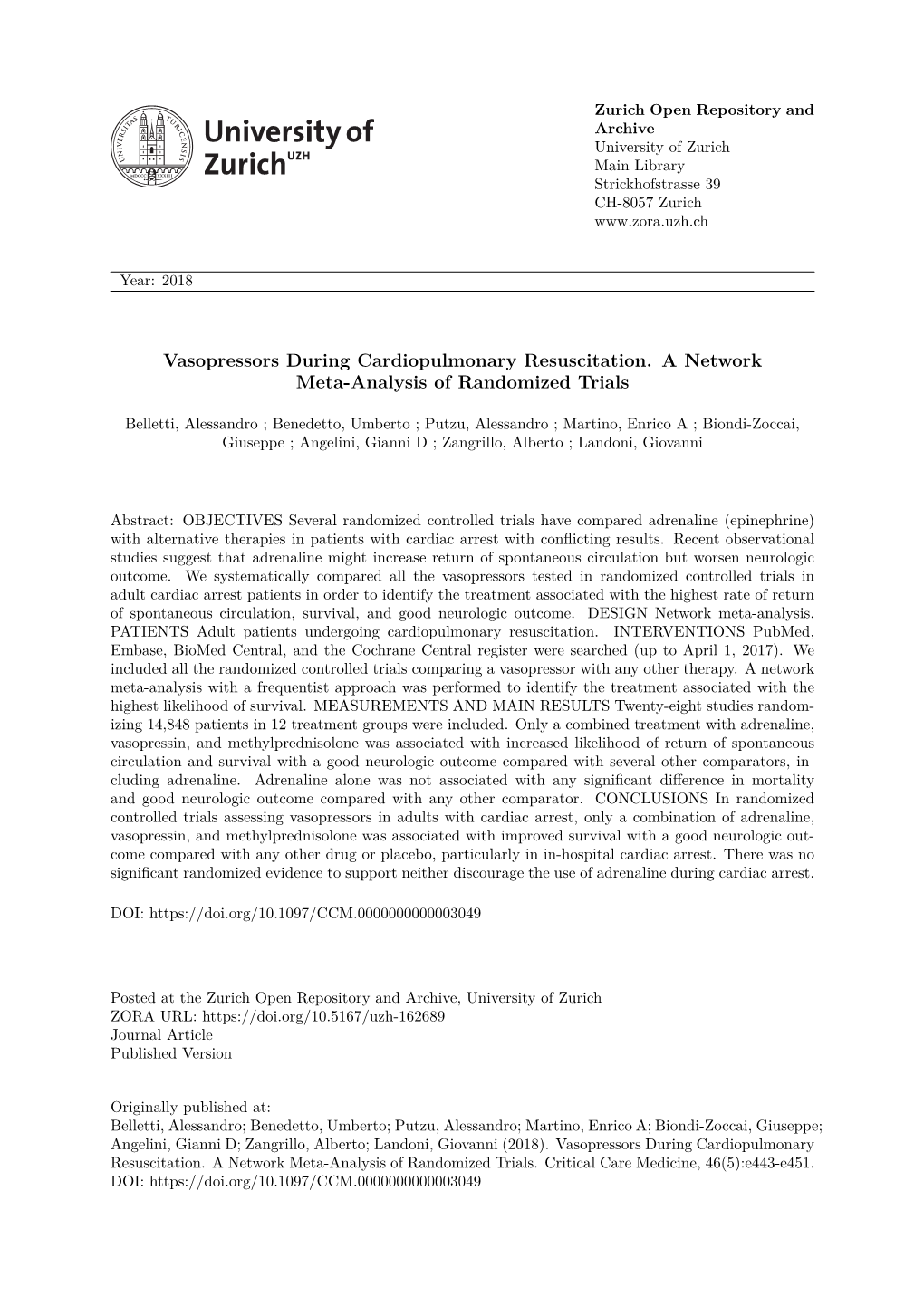 Vasopressors During Cardiopulmonary Resuscitation. a Network Meta-Analysis of Randomized Trials