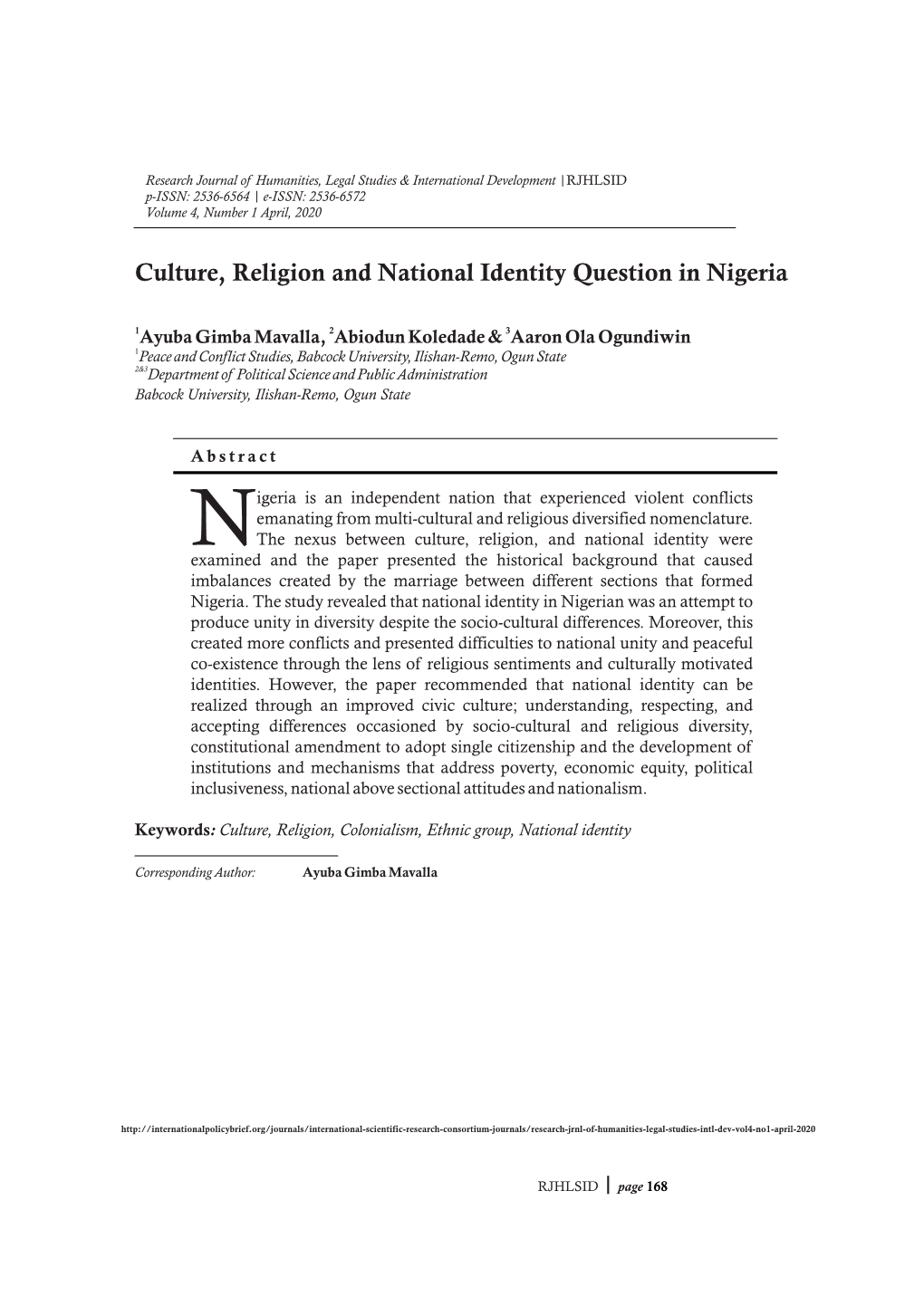 Culture, Religion and National Identity Question in Nigeria