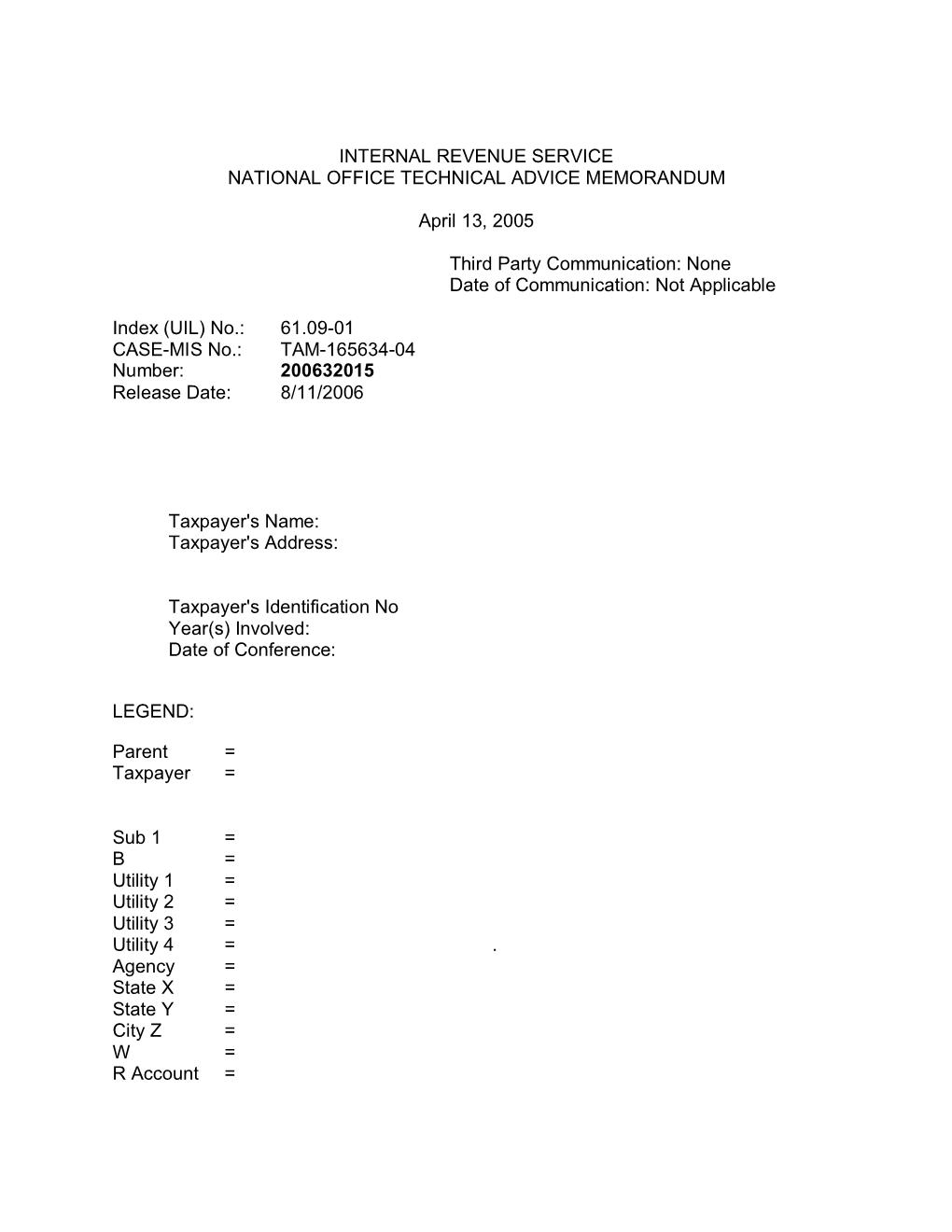 Internal Revenue Service National Office Technical Advice Memorandum