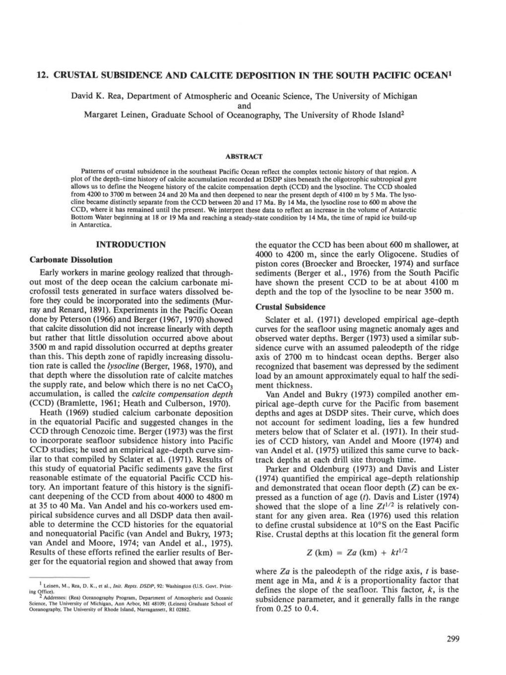 12. Crustal Subsidence and Calcite Deposition in the South Pacific Ocean1