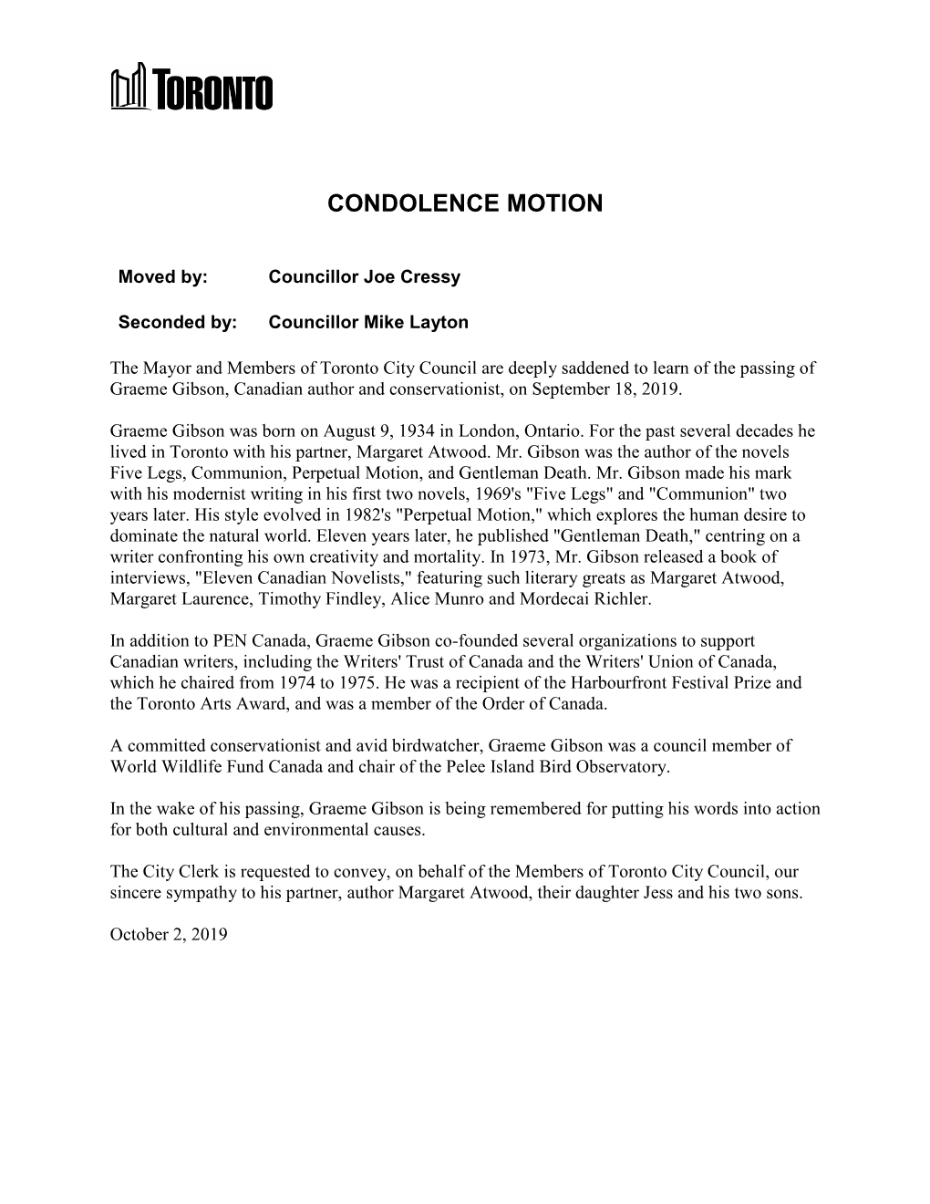 Condolence Motion