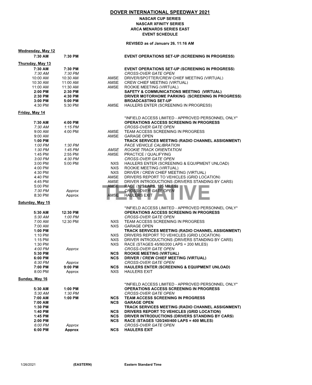 Dover International Speedway 2021 Nascar Cup Series Nascar Xfinity Series Arca Menards Series East Event Schedule