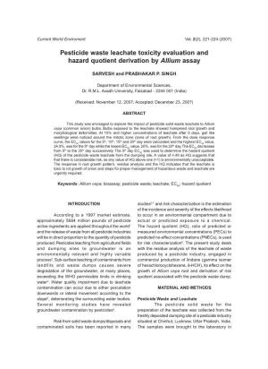 Pesticide Waste Leachate Toxicity Evaluation and Hazard Quotient Derivation by Allium Assay