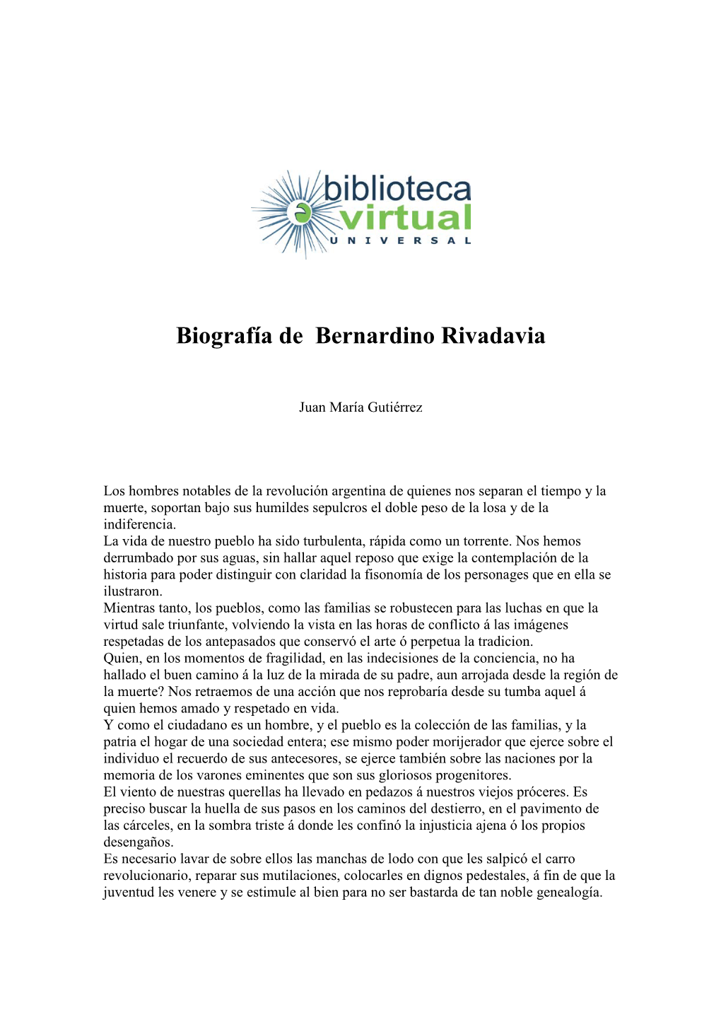 Biografía De Bernardino Rivadavia