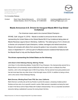 Mazda Announces U.S. Drivers for Inaugural Mazda MX-5 Cup Global Invitational