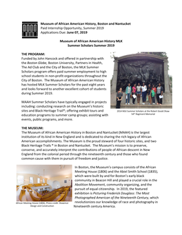 Museum of African American History, Boston and Nantucket Paid Internship Opportunity, Summer 2019 Applications Due: June 07, 2019