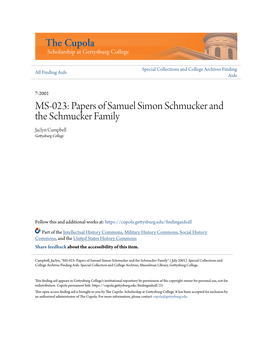 Papers of Samuel Simon Schmucker and the Schmucker Family Jaclyn Campbell Gettysburg College