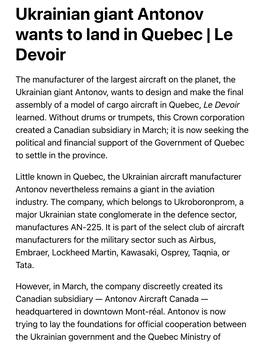Ukrainian Giant Antonov Wants to Land in Quebec | Le Devoir