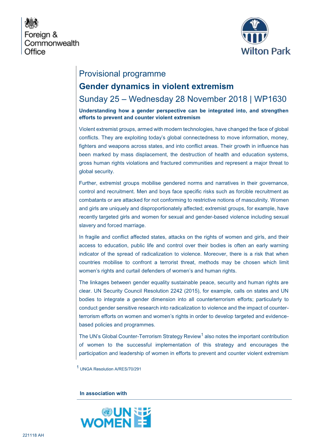 Provisional Programme Gender Dynamics in Violent Extremism Sunday 25