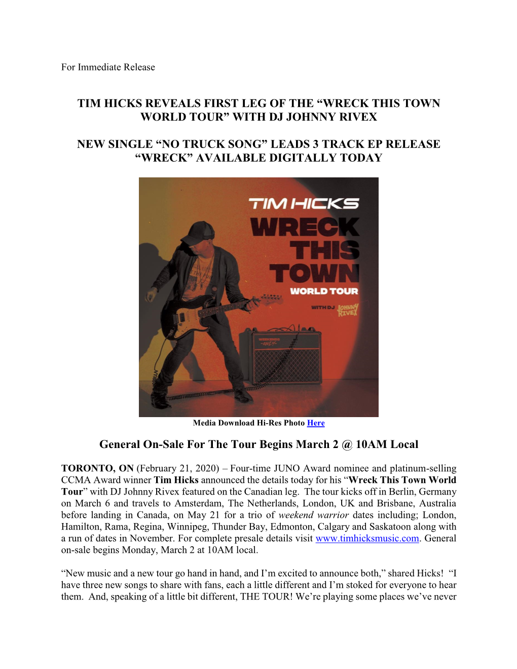 Tim Hicks Reveals First Leg of the “Wreck This Town World Tour” with Dj Johnny Rivex