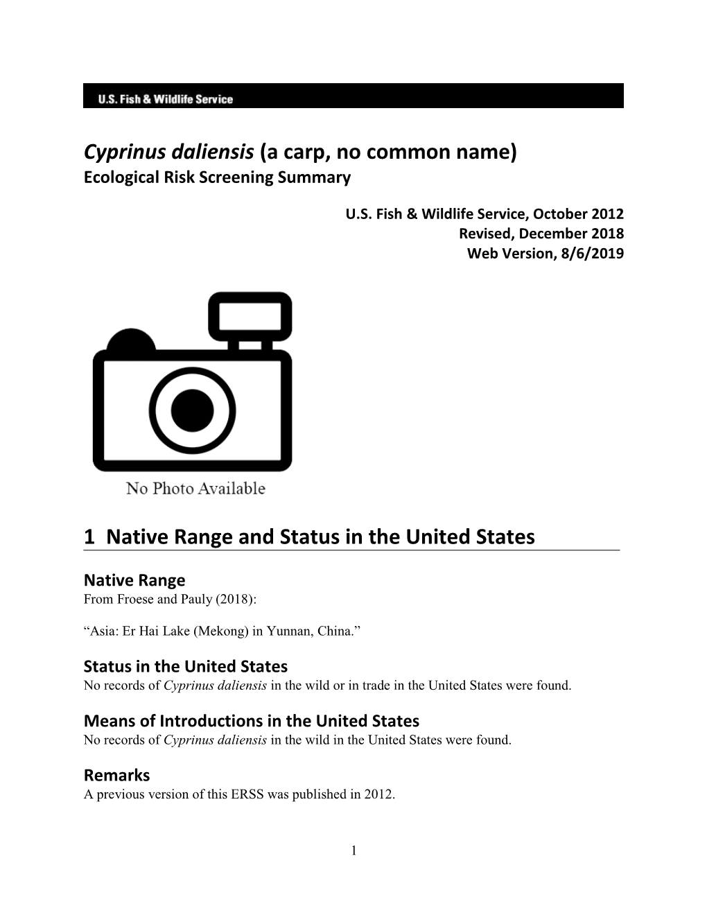 Cyprinus Daliensis (A Carp, No Common Name) Ecological Risk Screening Summary