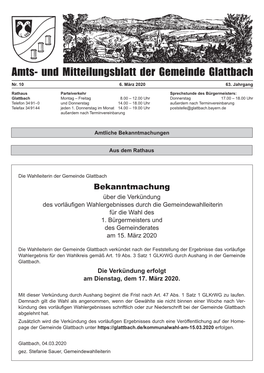 Und Mitteilungsblatt Der Gemeinde Glattbach Nr