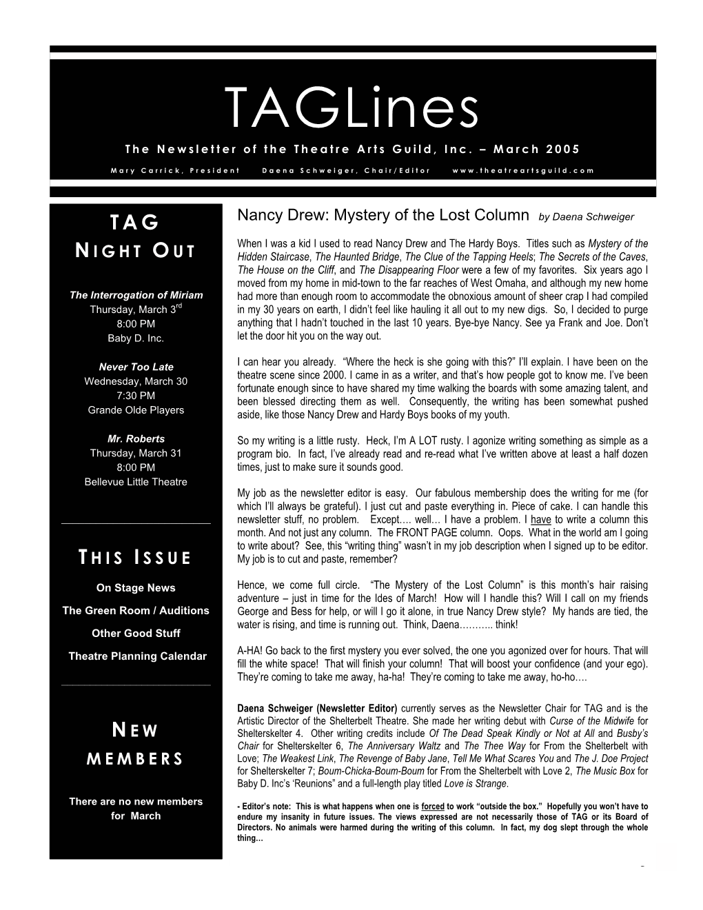 Taglines the Newsletter of the Theatre Arts Guild, Inc