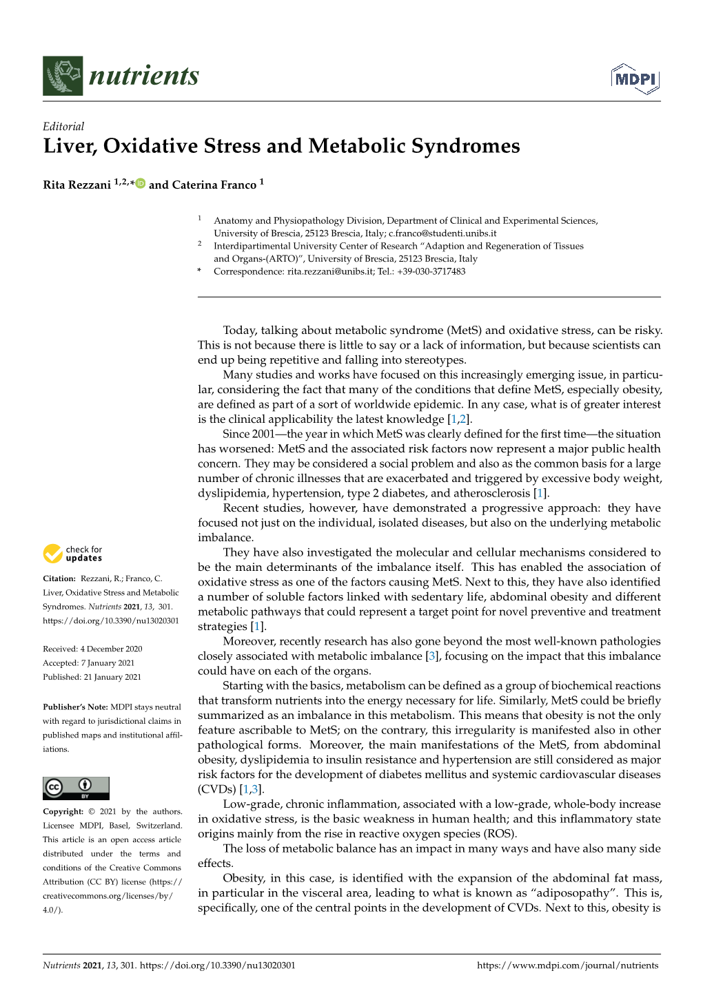 Liver, Oxidative Stress and Metabolic Syndromes