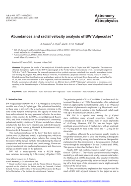 Abundances and Radial Velocity Analysis of BW Vulpeculae?