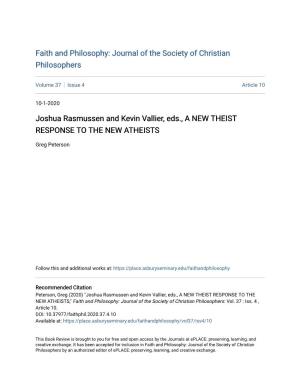 Joshua Rasmussen and Kevin Vallier, Eds., a NEW THEIST RESPONSE to the NEW ATHEISTS