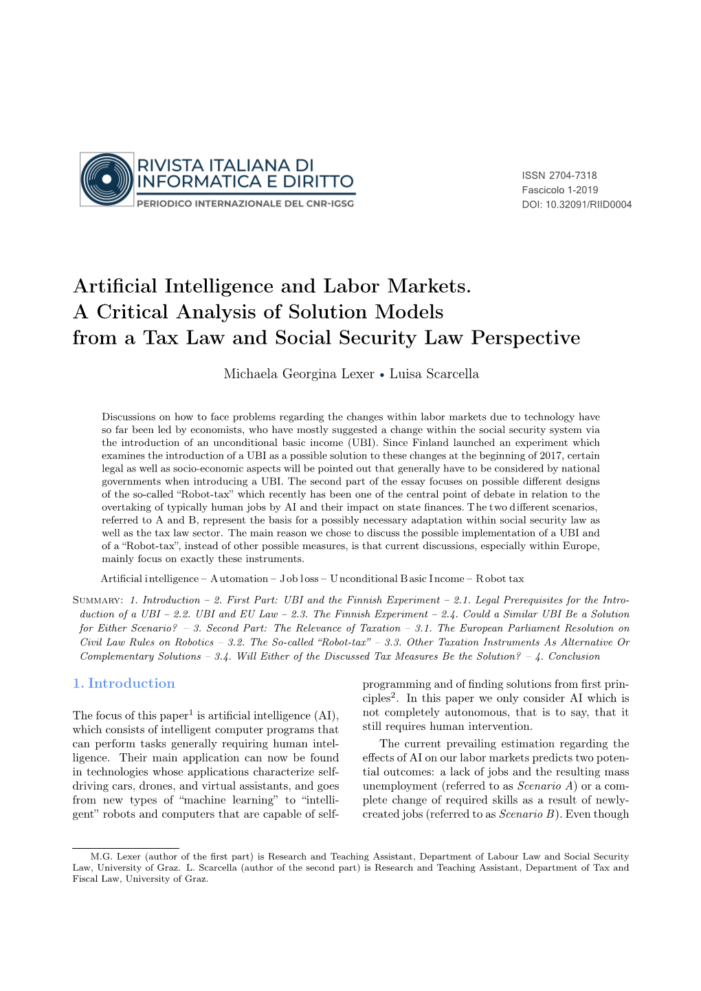 Artificial Intelligence and Labor Markets. a Critical Analysis of Solution Models from a Tax Law and Social Security Law Perspec