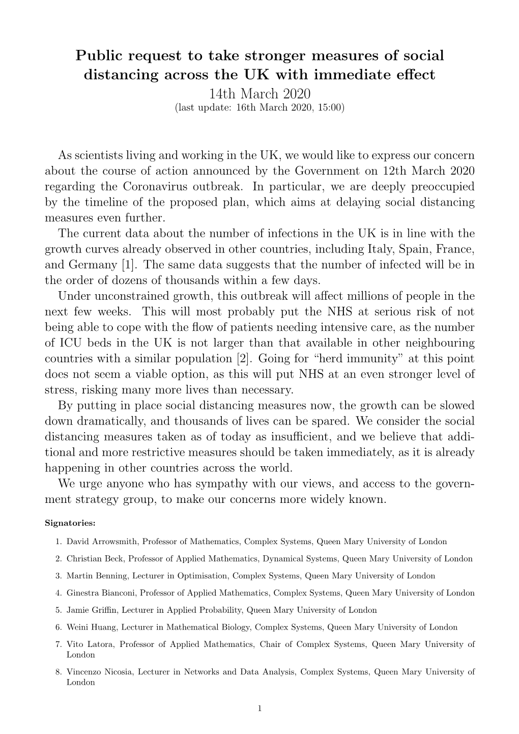 Public Request to Take Stronger Measures of Social Distancing Across the UK with Immediate Eﬀect 14Th March 2020 (Last Update: 16Th March 2020, 15:00)