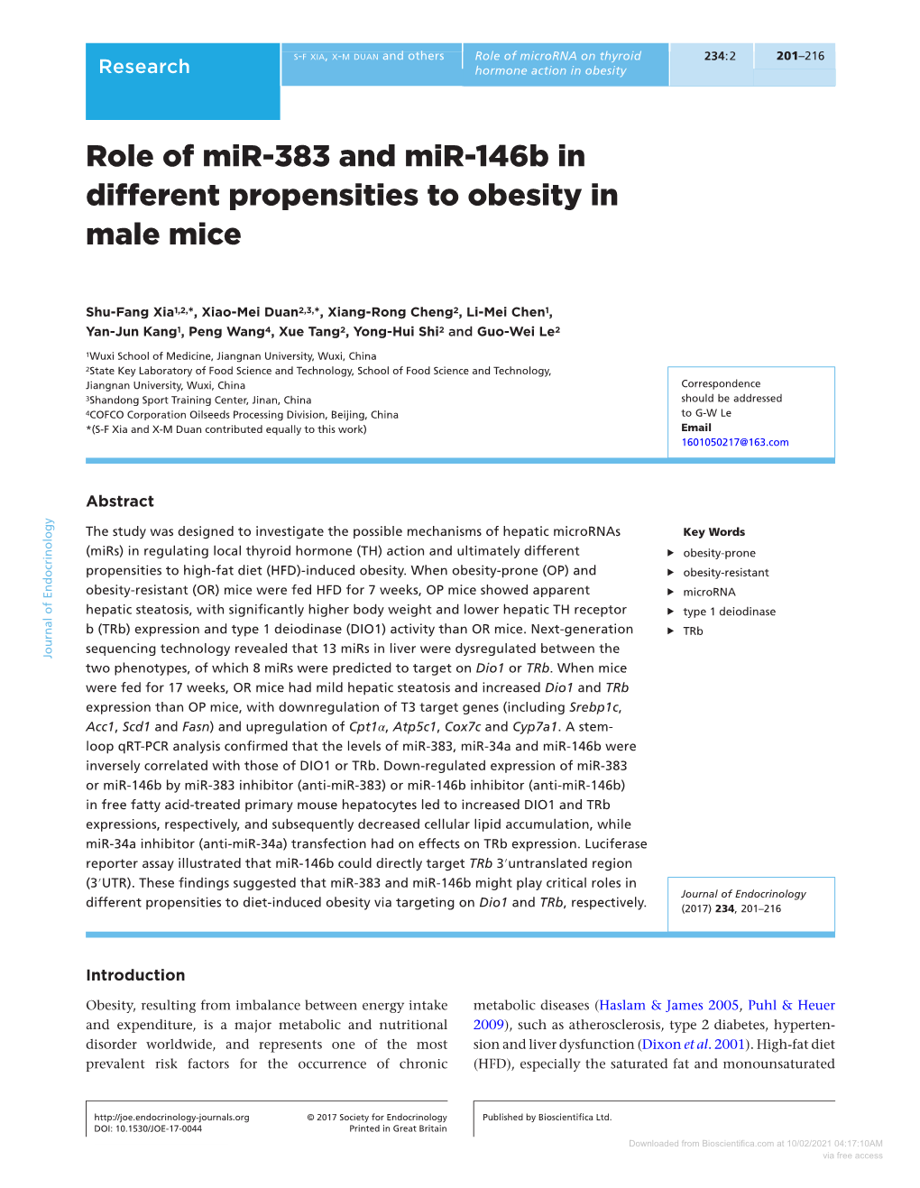 Role of Mir-383 and Mir-146B in Different Propensities to Obesity in Male Mice