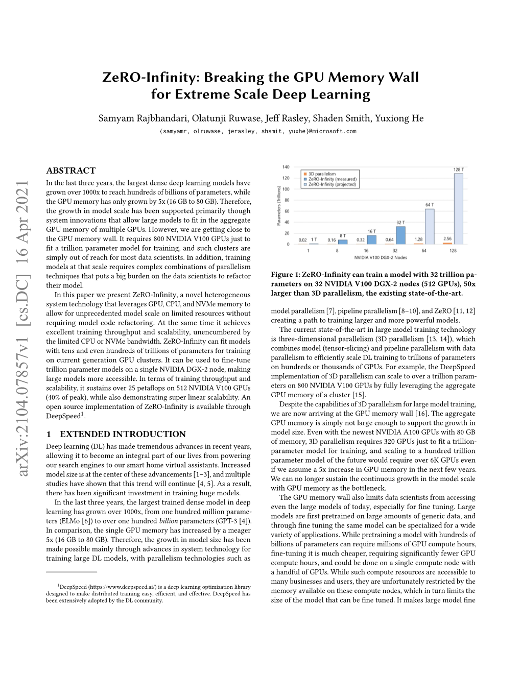 Zero-Infinity: Breaking the GPU Memory Wall for Extreme Scale Deep Learning