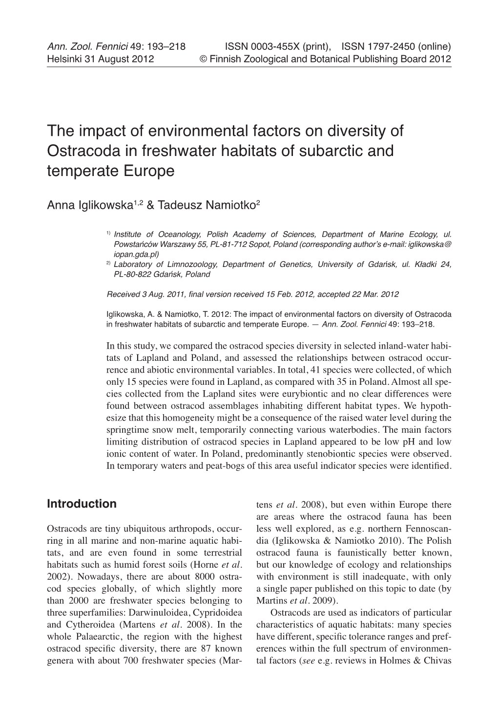 The Impact of Environmental Factors on Diversity of Ostracoda in Freshwater Habitats of Subarctic and Temperate Europe