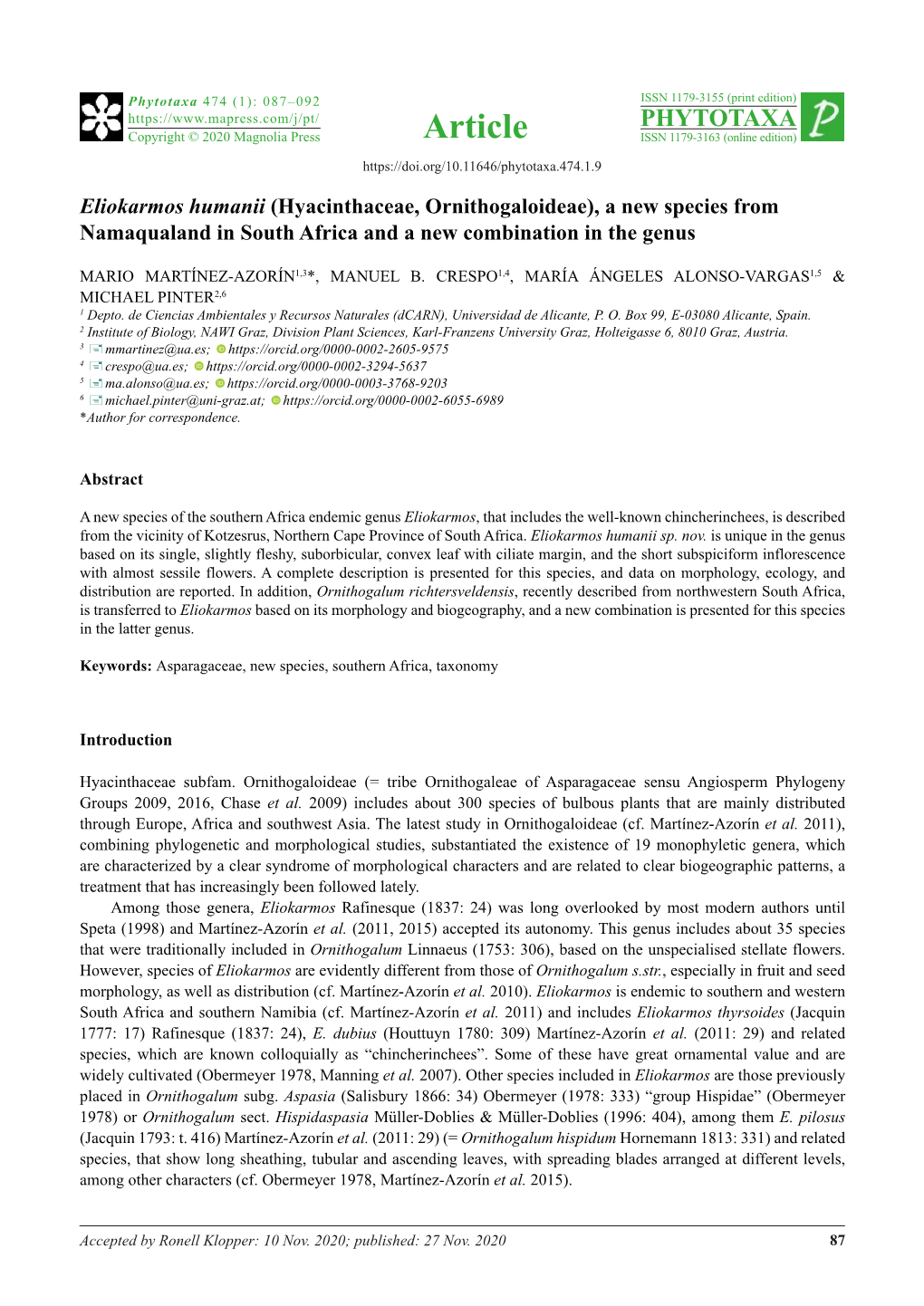 Eliokarmos Humanii (Hyacinthaceae, Ornithogaloideae), a New Species from Namaqualand in South Africa and a New Combination in the Genus