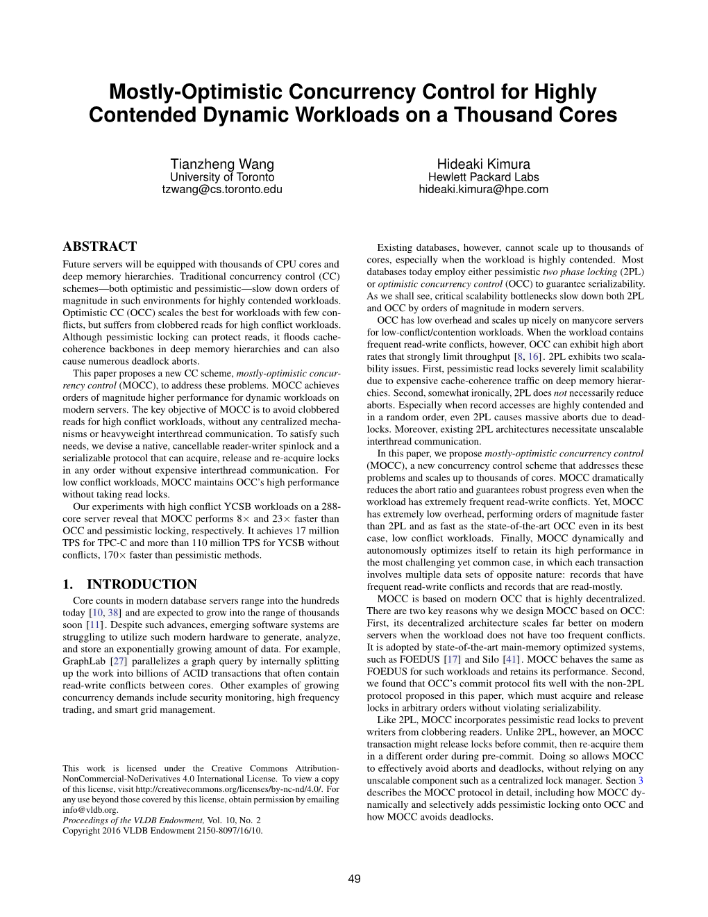 Mostly-Optimistic Concurrency Control for Highly Contended Dynamic Workloads on a Thousand Cores