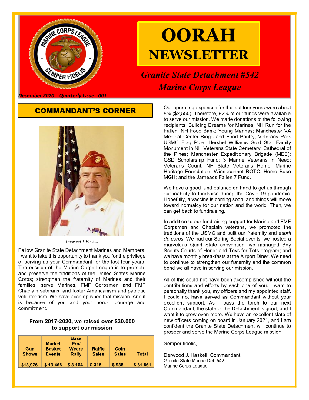NEWSLETTER Granite State Detachment #542 Marine Corps League December 2020 Quarterly Issue: 001